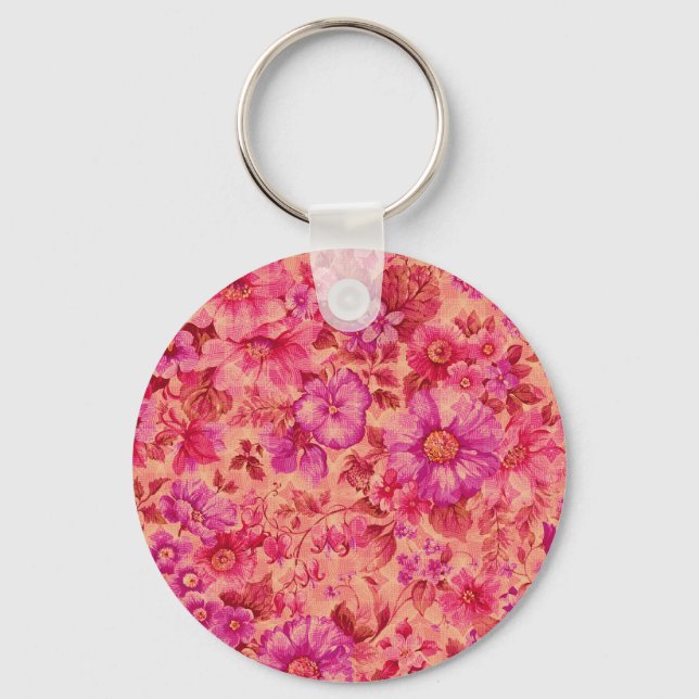 Olika blommande blommor i varma rosa och lila nyan nyckelring (Framsida)