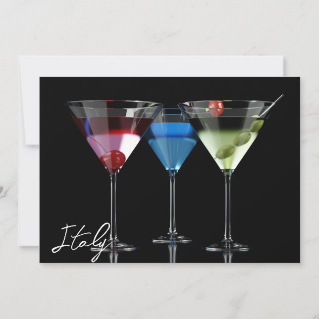Olika cocktails i martini-glas på svart (Framsida)