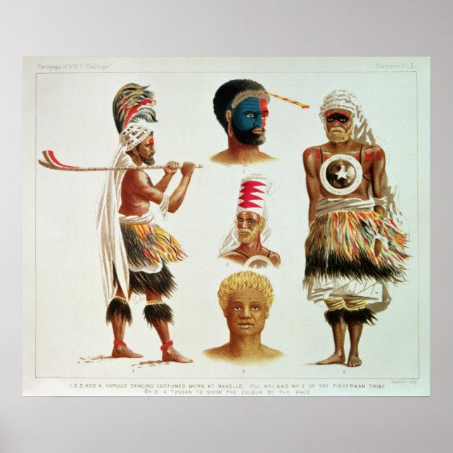 Olika Dancing Costumes Worn vid Nakello, Fiji Poster (Framsidan)