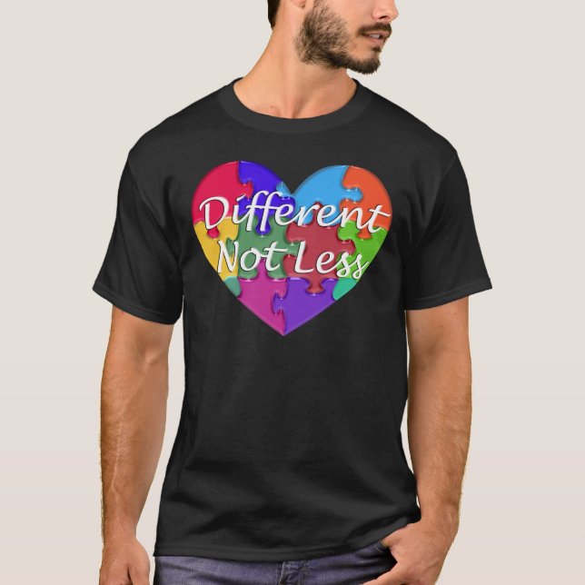 Olika, inte mindre, medvetandegörande om autism t-shirt (Framsida)