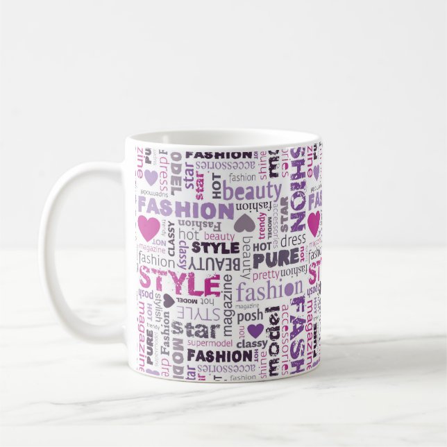 Olika Mode och Stil Ord i ett kollage Kaffemugg (Vänster)