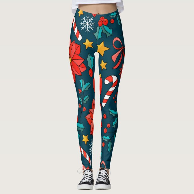 Olika Polkagrisar för julgranar och poinsettias Leggings (Framsida)