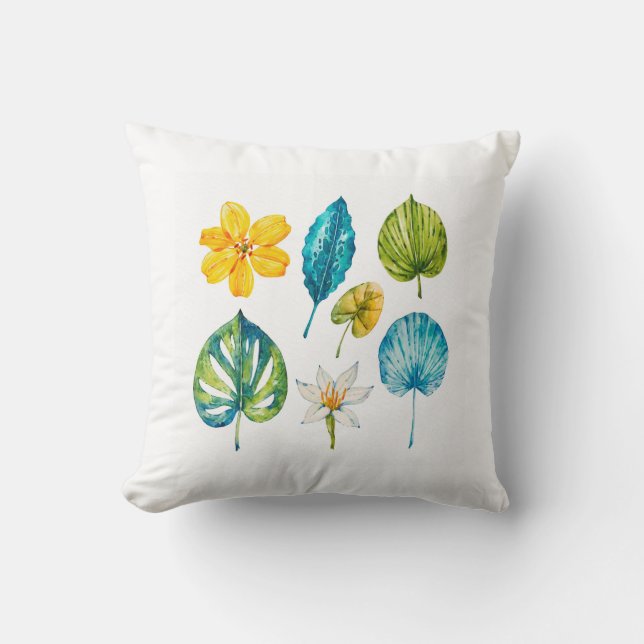 Olika tropiska blommor lämnar kudde (Framsida)