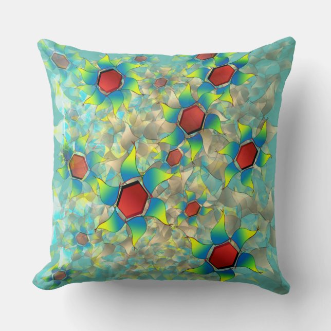 Olika virtuella blommor, blåaktiga blad på tealen kudde (Framsida)