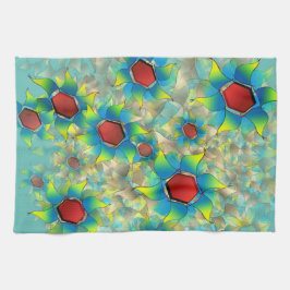 Olika virtuella blommor, blåaktiga blad vid tealen kökshandduk