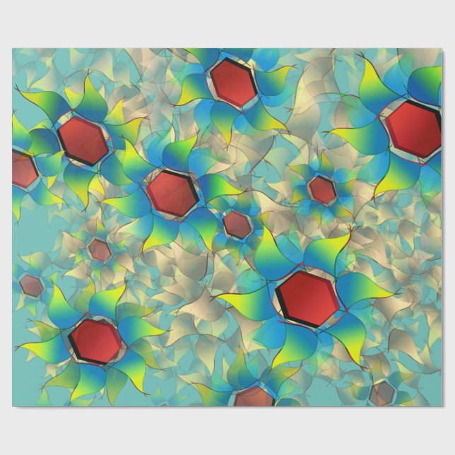 Olika virtuella blommor, blåaktiga blad vid tealen presentpapper (Platt)