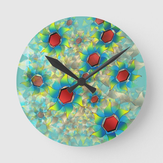 Olika virtuella blommor, blåaktiga blad vid tealen rund klocka (Framsida)