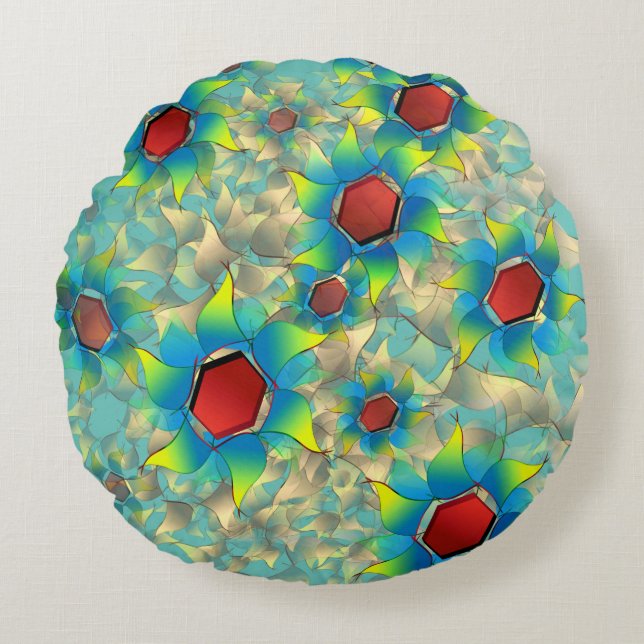 Olika virtuella blommor, blåaktiga blad vid tealen rund kudde (Framsidan)