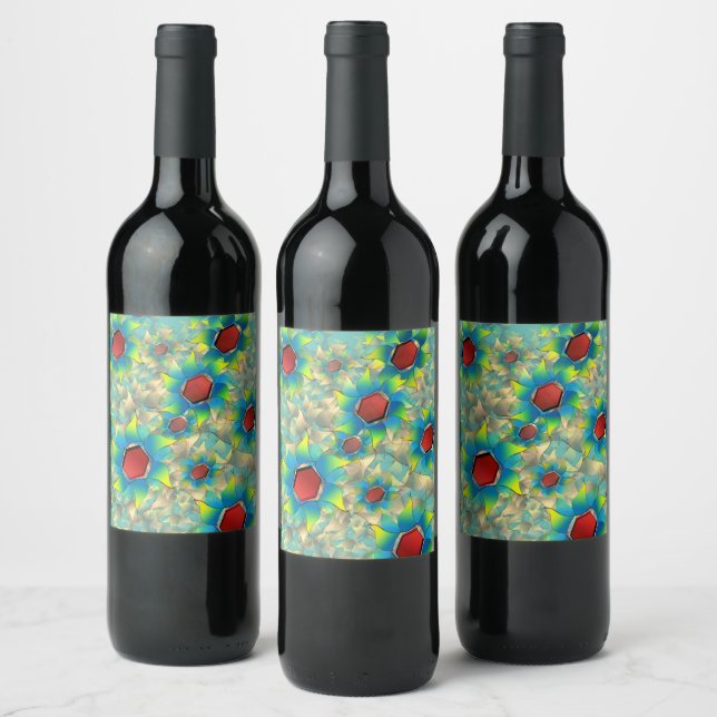 Olika virtuella blommor, blåaktiga blad vid tealen vinflaska etikett (Flaskor)