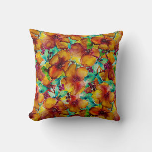 Olina Orange & Grönt Hibiscus Watercolor Tropical Kudde