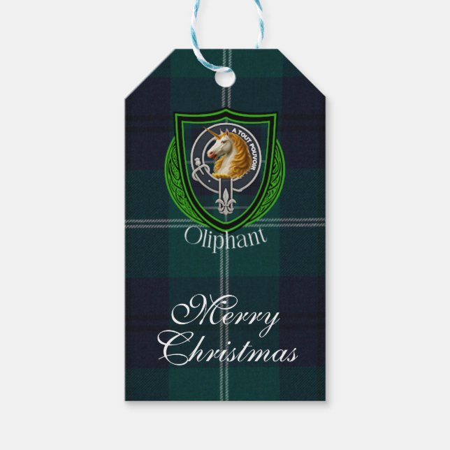Oliphant skotska klan tartan och vapensköld presentetikett (Framsidan)