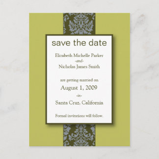 Oliv Barock Damast Save the Date Postkort Meddelande Vykort