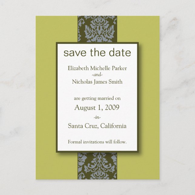 Oliv Barock Damast Save the Date Postkort Meddelande Vykort (Framsida)