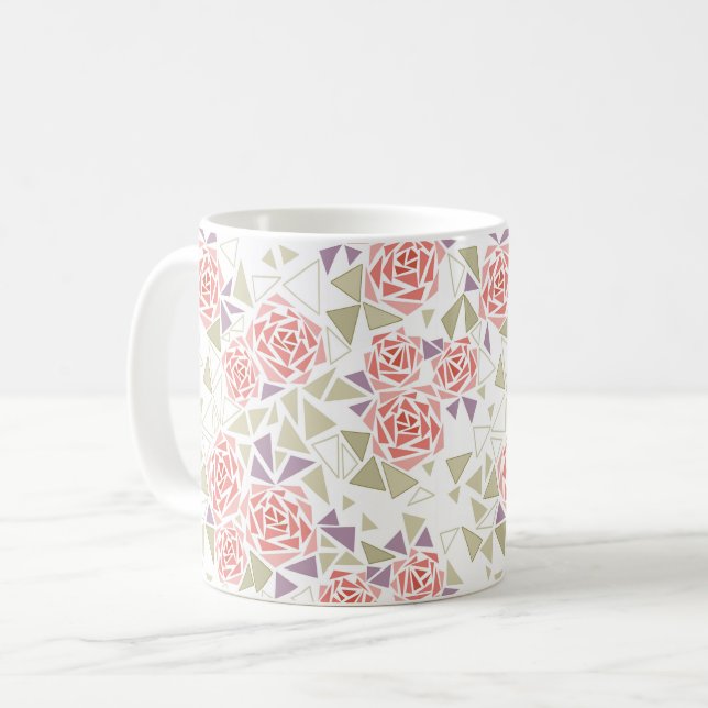 oliv beige mosaik blommig mönster retro  kaffemugg (Framsida vänster)
