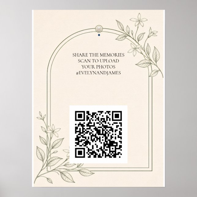 Oliv Botanisk Bröllopsfoto Delning QR-kod Skylt (Framsidan)