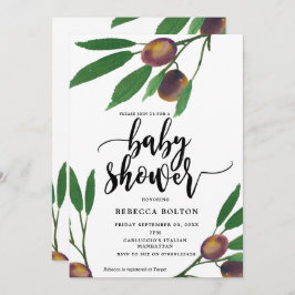 oliv gren, modern babydusch inbjudan