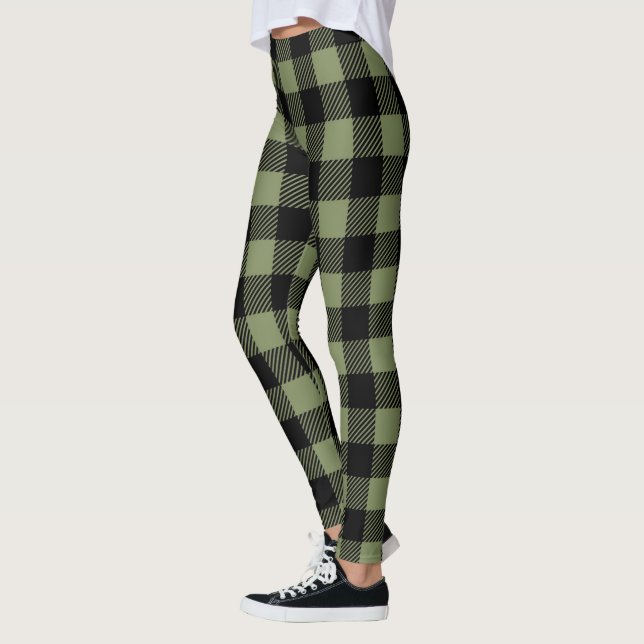 Oliv grönt Black Buffalo Check Play Mönster Leggings (Vänster)