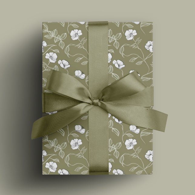 Oliv grönt Blommigt - enkel linjekonst vit blomma Presentpapper (Olive green Floral Simple Line art White Flower Wrapping Paper)