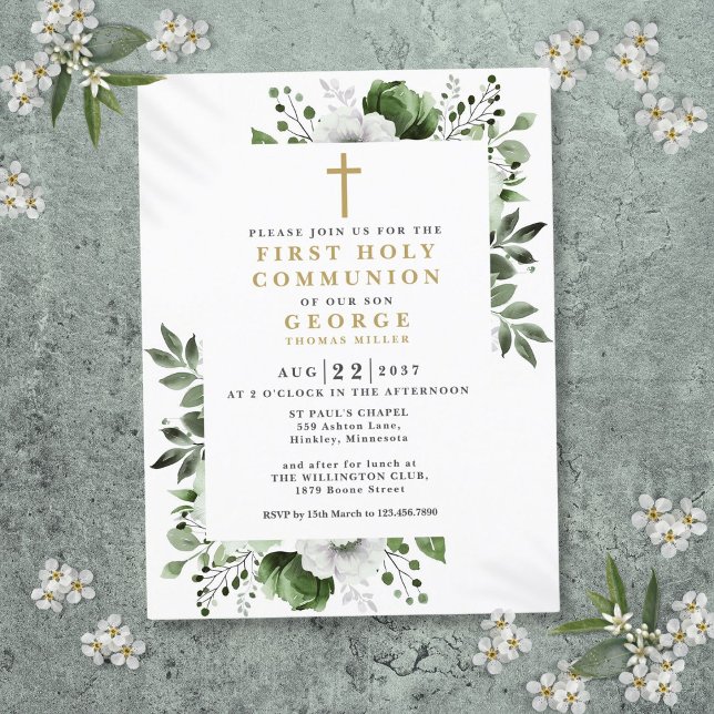 Oliv grönt Blommigt, första Heligans inbjudan till (Olive Green Floral First Holy Communion Invitation Postcard)