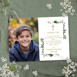 Oliv grönt Blommigt Foto First Heliga Communion Tack Kort