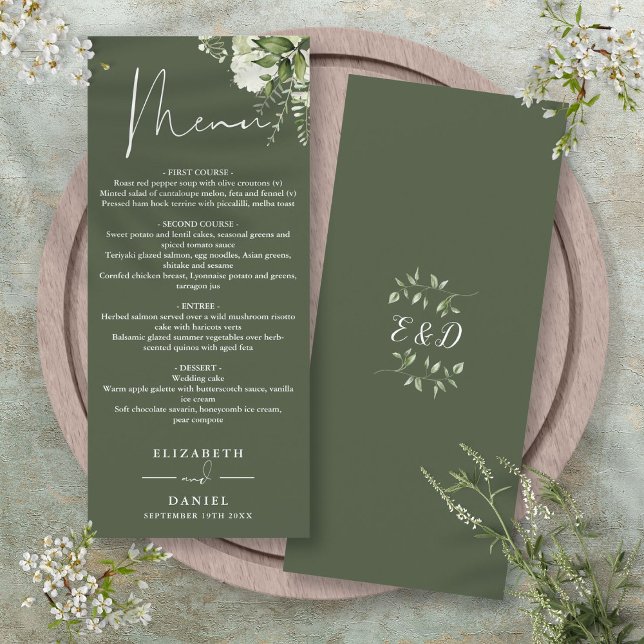 Oliv grönt Blommigt, måndag Bröllop Meny (Olive Green Floral Monogram Wedding Dinner Menu)