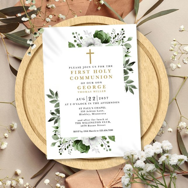 Oliv grönt Blommigt Modern First Heliga Community Inbjudningar (Olive Green Floral Modern First Holy Communion Invitation)