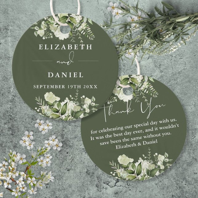 Oliv grönt Blommigten Greenery Tack Bröllop Gåvor Etiketter (Olive Green Floral Greenery Thank You Wedding Favor Tags)
