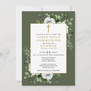 Oliv grönt Boho Blommigt First Heliga Communion Inbjudningar