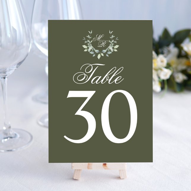Oliv grönt Bordsnumret Bröllop Monogram Motif Bordsnummer (Olive green wedding table number sign.)