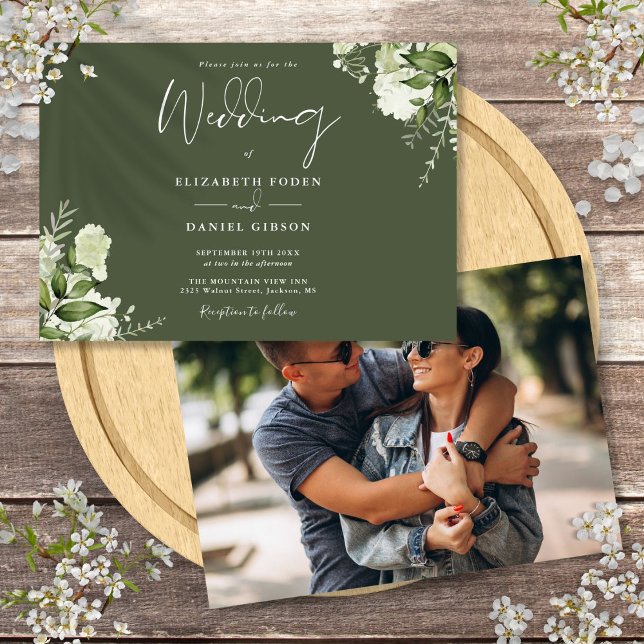 Oliv grönt botaniska Greenery Photo Bröllop Inbjudningar (Olive Green Botanical Greenery Photo Wedding Invitation)
