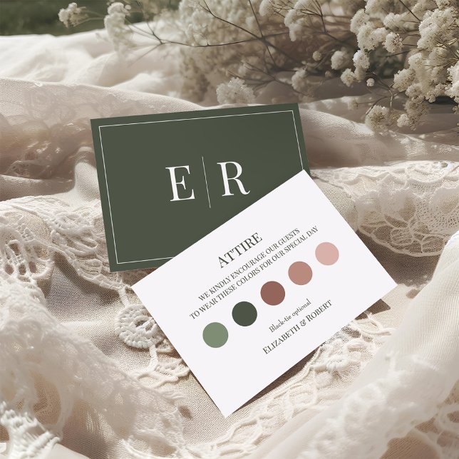 Oliv grönt Bröllop Attire-gästkodkort Tack Kort (Olive Green Wedding Attire Guest Dress Code Card on a boho wedding table.)