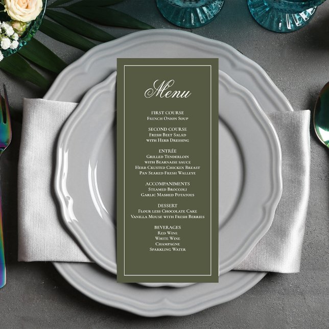 Oliv grönt Bröllop-skriptmatningsmeny Meny (Elegant olive green classic wedding dinner menu.)