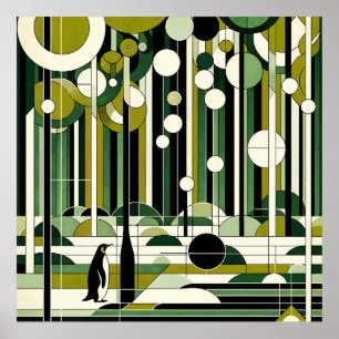 Oliv grönt Cream Geometric Penguin Forest Retro Poster