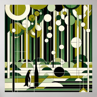 Oliv grönt Cream Geometric Penguin Forest Retro Poster