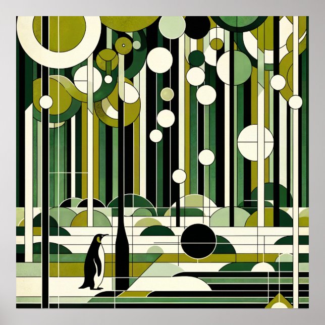 Oliv grönt Cream Geometric Penguin Forest Retro Poster (Framsidan)