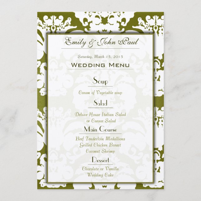Oliv grönt Damask Wedding Menu Meny (Baksida)