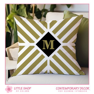 Oliv grönt diagonalt Rand-monogram Kudde