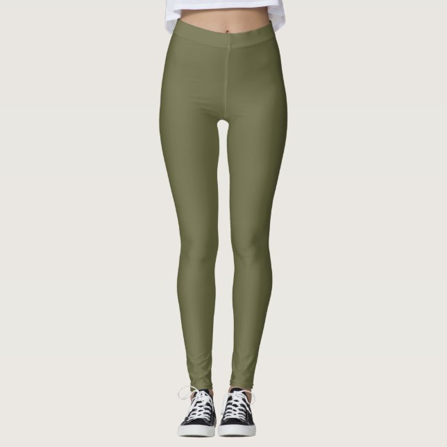Oliv grönt Earthy Solid Färg Skriv ut Leggings (Framsida)