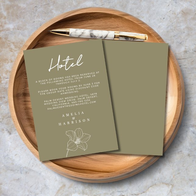 Oliv grönt Elegant Blommigt Bröllop Hotel Tilläggskort (Olive Green Elegant Floral Wedding Hotel Enclosure Card with Line Art Flower, Script Calligraphy.)