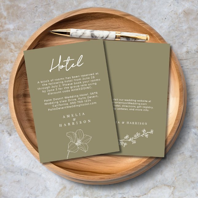 Oliv grönt Elegant bröllop Hotel Tilläggskort (Olive Green Elegant Wedding Hotel Enclosure Card with Delicate Flowers, Wedding Website.)