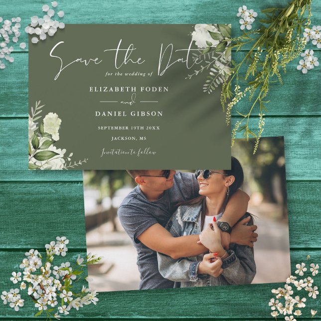 Oliv grönt Elegant Greenery Blommigt Photo Bröllop Spara Datumet (Olive Green Elegant Greenery Floral Photo Wedding Save The Date)
