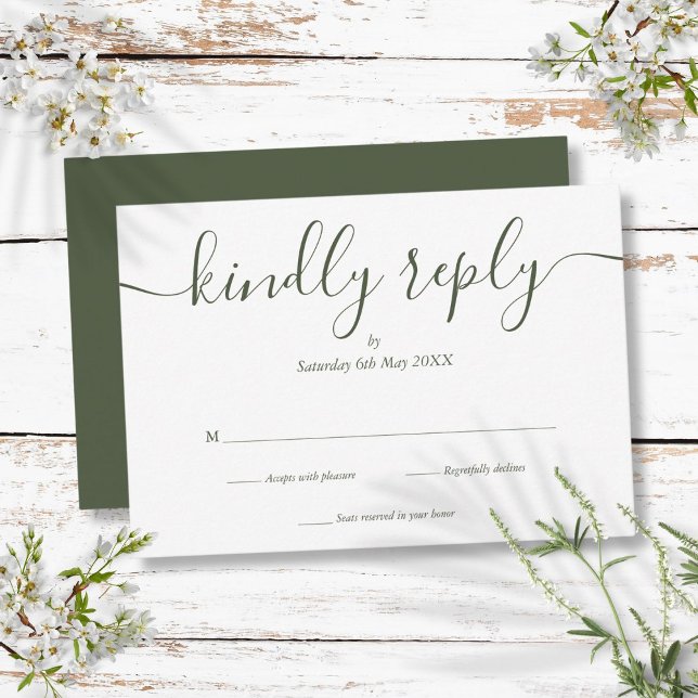 Oliv grönt Elegant OSA Kort (Simple Elegant Script Olive Green RSVP Card)
