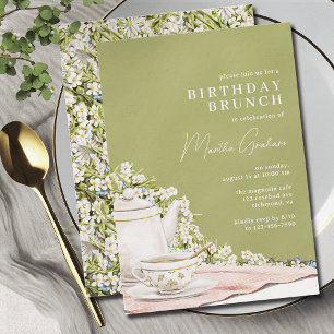 Oliv grönt Elegant Vintage Tea Birthday Brunch Inbjudningar