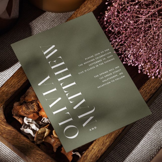 Oliv grönt enkel minimalistisk bröllop + QR-inform Inbjudningar (Skapare uppladdad)