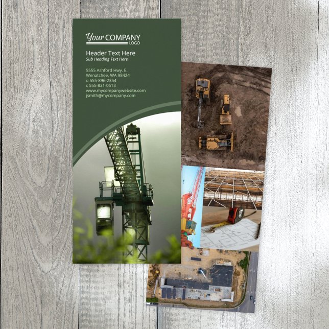 Oliv grönt, färgade foton reklamkort (olive green company branded rack card, hunter green brochure template with logo, green flyer design)