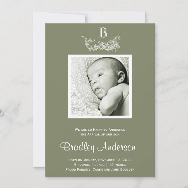 Oliv grönt förklaring om Baby i Wien Ram Monogram Meddelande (Framsida)