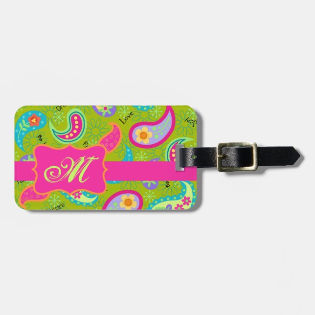 Oliv grönt Fuchsia Rosa Modern Paisley Monogram Bagagebricka (Horisontell Framsida)