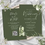 Oliv grönt Grey-Blommigten QR-koden Bröllop Inbjudningar<br><div class="desc">Den här eleganten kan inbjudan till oliv grönt botaniskt grönt löv-bröllop vara personlig med din information i chic typografi med din webbplatsinformation om bröllop och din QR-kod på motsatt sida. Designad av Thisisnotme©</div>