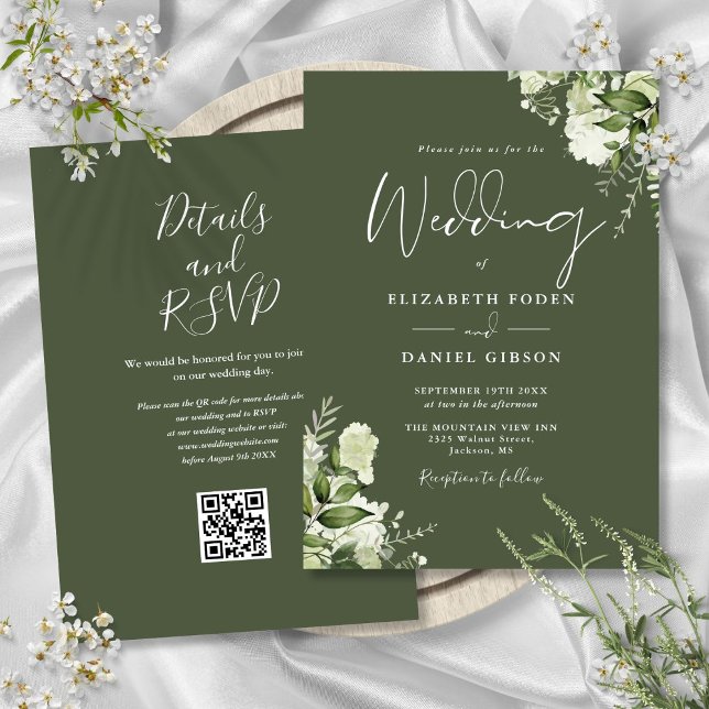 Oliv grönt Grey-Blommigten QR-koden Bröllop Inbjudningar (Olive Green Greenery Floral QR Code Wedding Invitation)