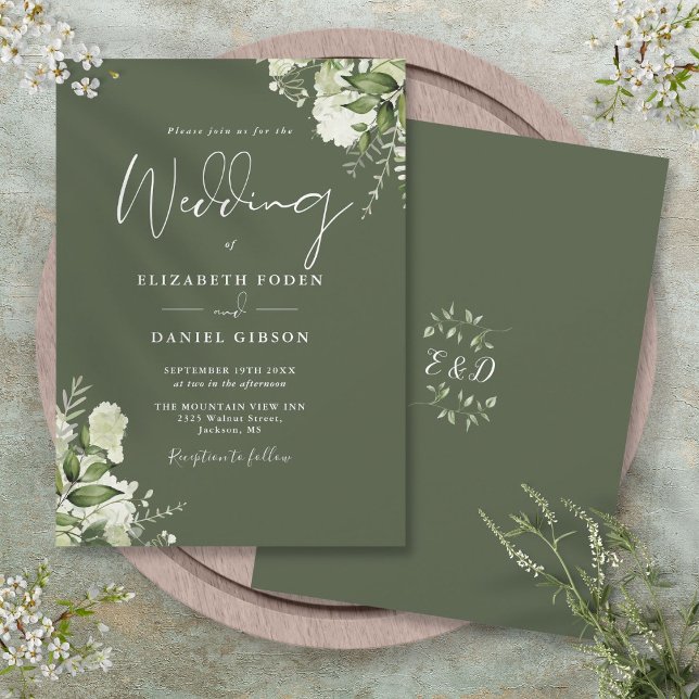 Oliv grönt Grey Löv Monogram Bröllop Inbjudningar (Olive Green Greenery Leaves Monogram Wedding Invitation)
